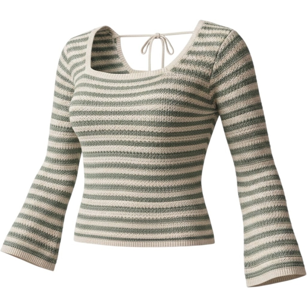 Hollister Striped Knit Top Womens XL Green Cream Excellent Bell Sleeve Tie Back